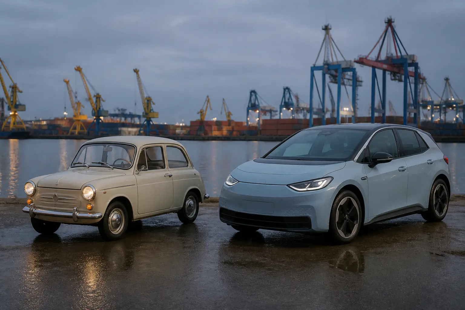 Класичний європейський автомобіль поруч із сучасним електромобілем біля порту