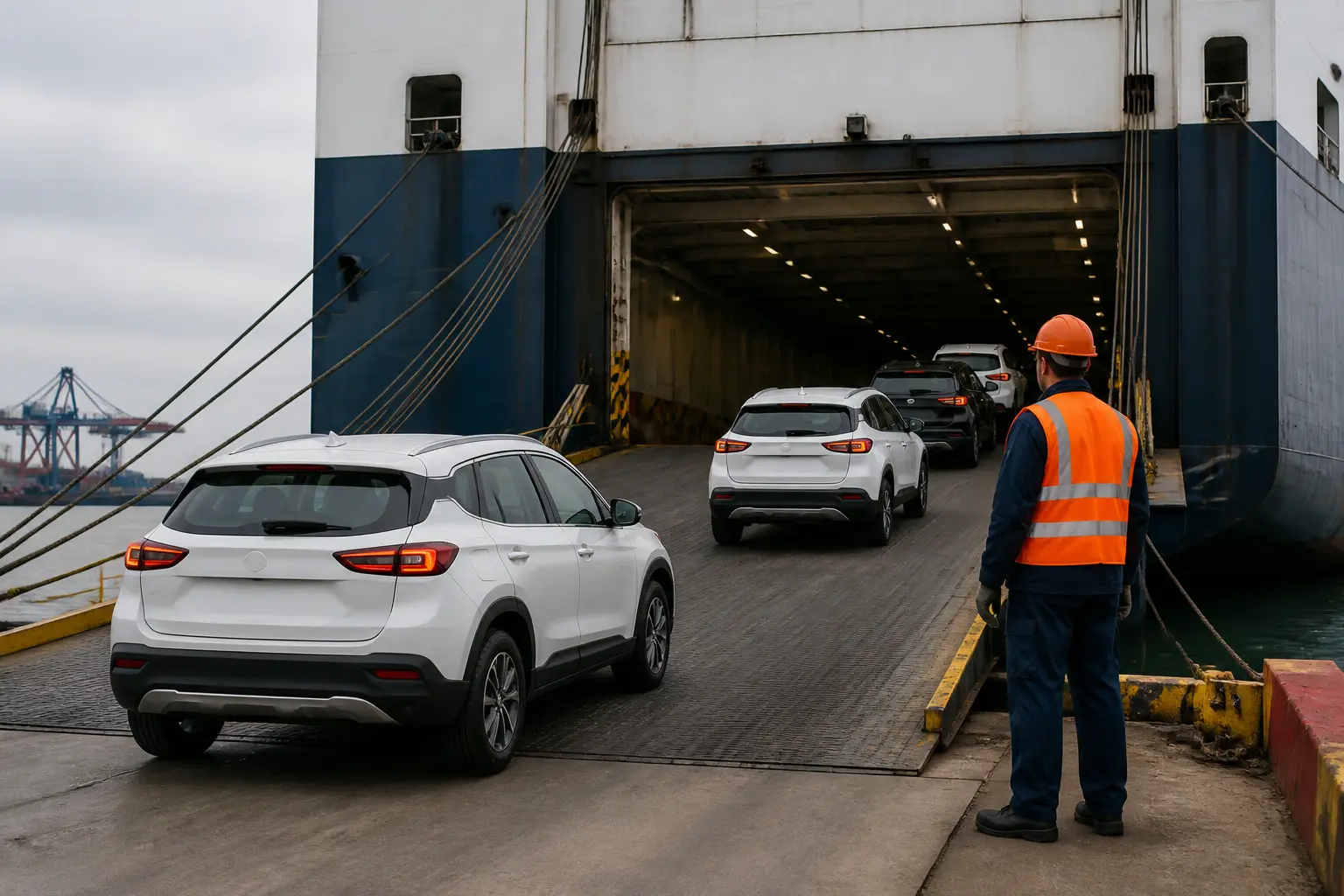 Нові автомобілі заїжджають на судно-автомобілевоз у морському порту