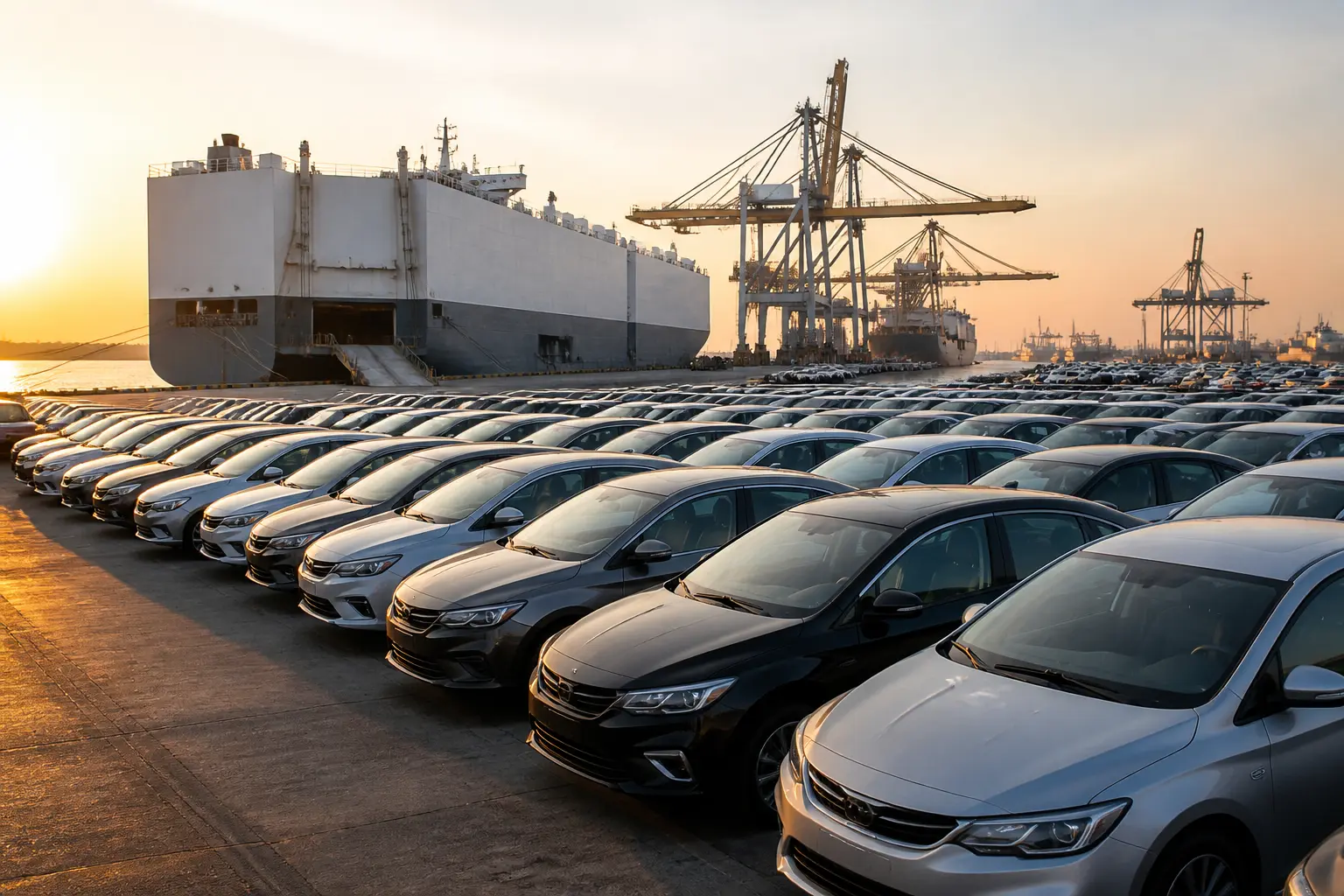 Ряди нових автомобілів у морському порту перед навантаженням на судно