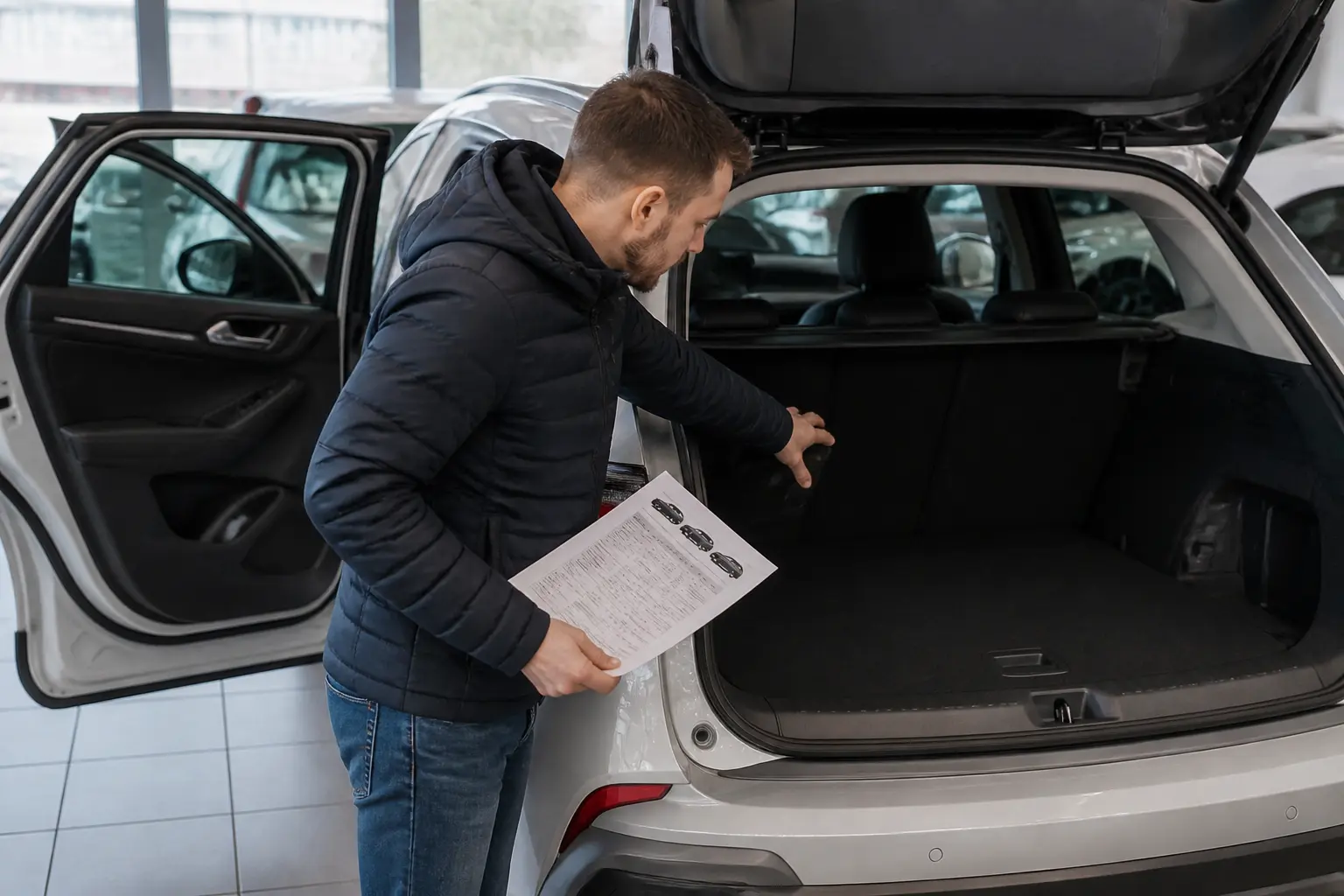 Покупець оглядає новий автомобіль перед покупкою