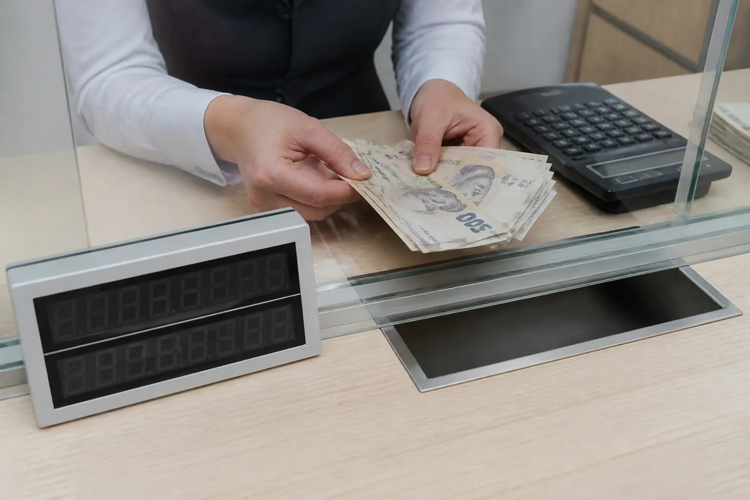 Касир рахує гривні в обмінному пункті