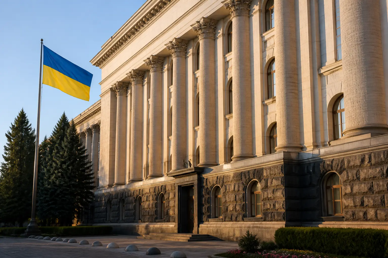 Стилізована урядова будівля з українським прапором