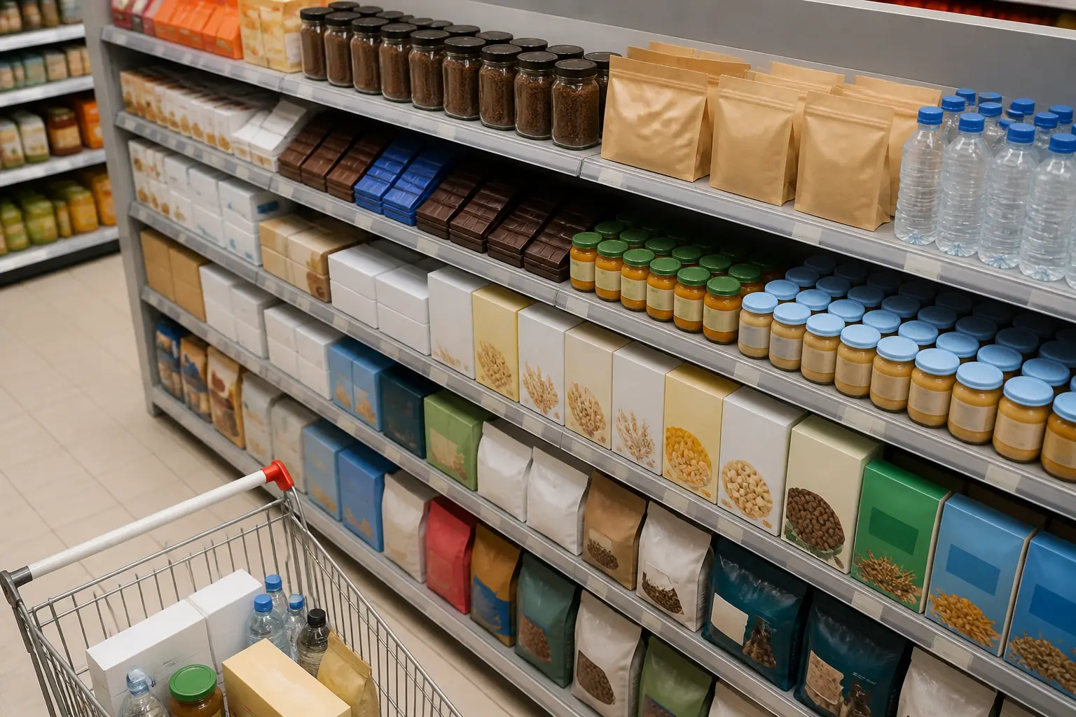 Полиця супермаркету з різноманітними харчовими продуктами різних категорій