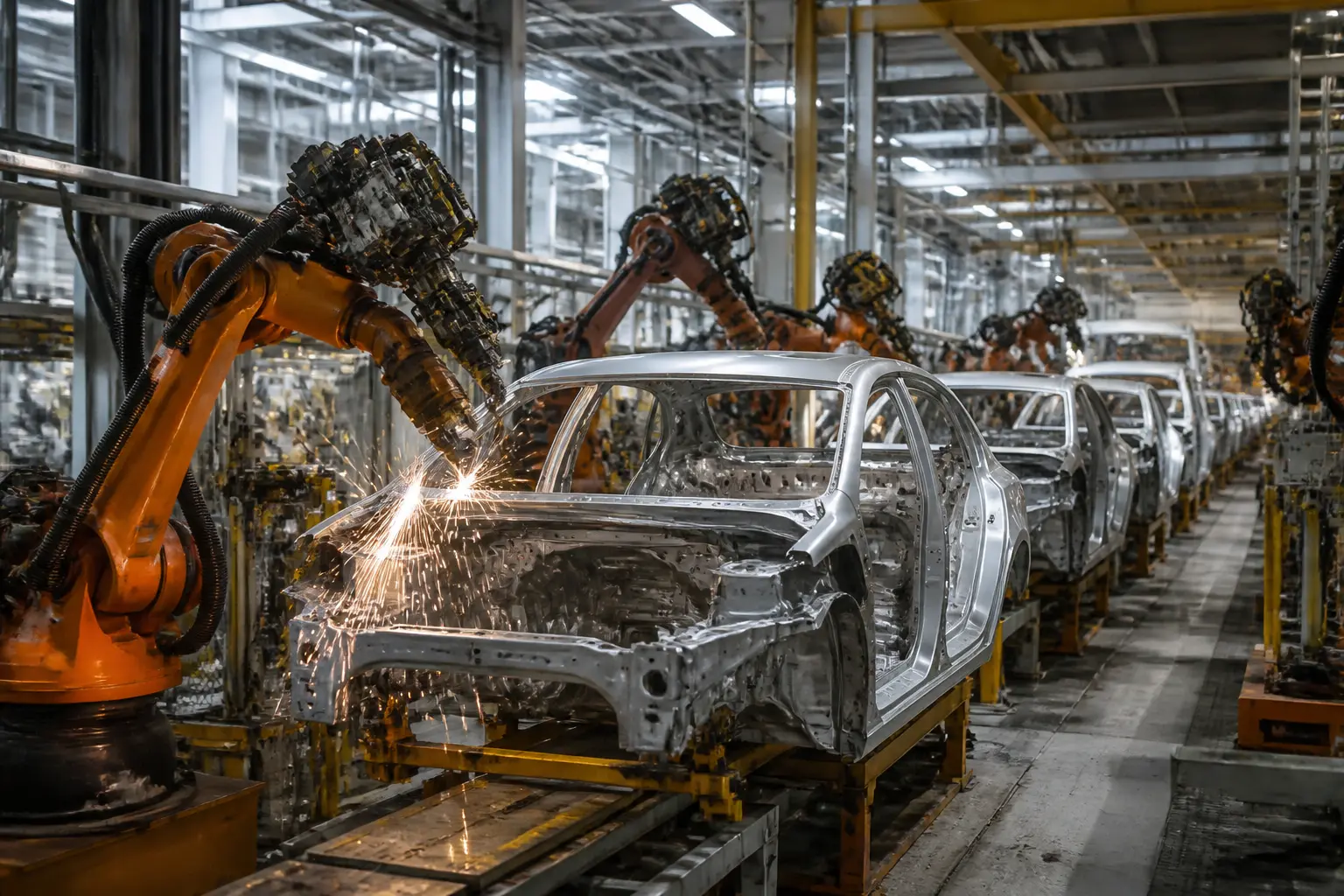 Сучасний автомобільний складальний конвеєр з кузовами автомобілів та роботами-зварниками