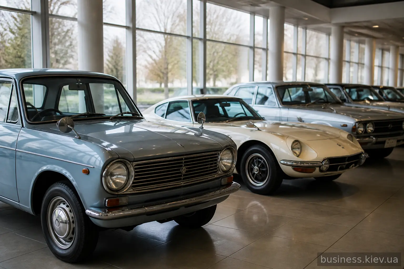Классические японские автомобили 1960–1970-х годов в музейном зале