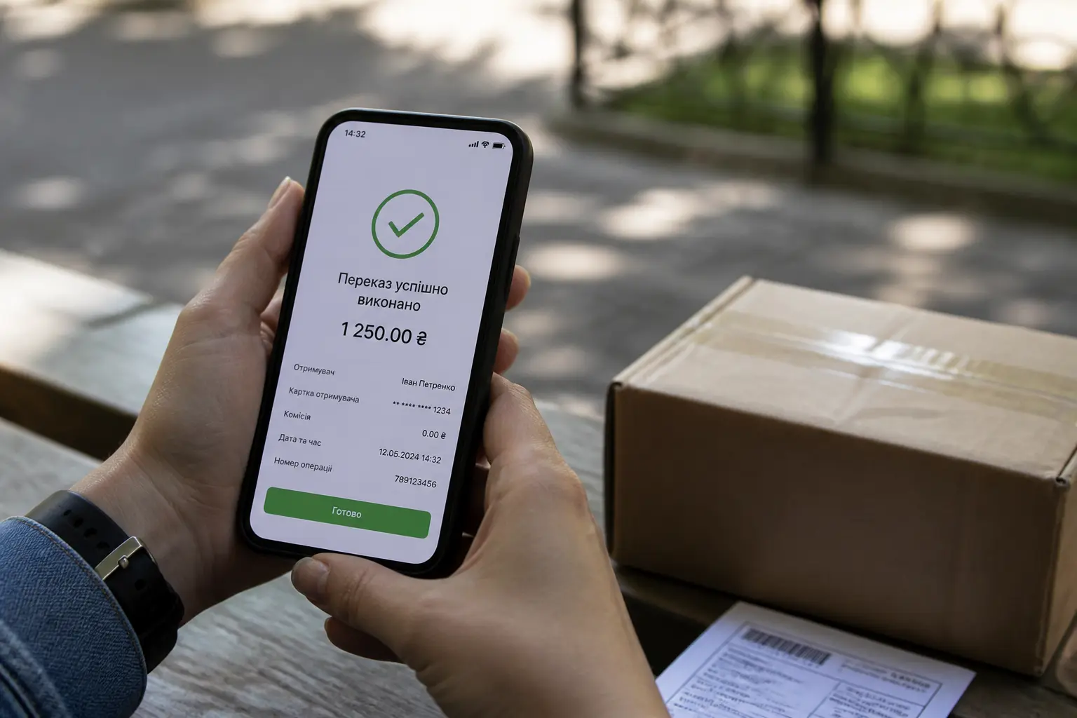 Смартфон із підтвердженням грошового переказу поруч із посилкою