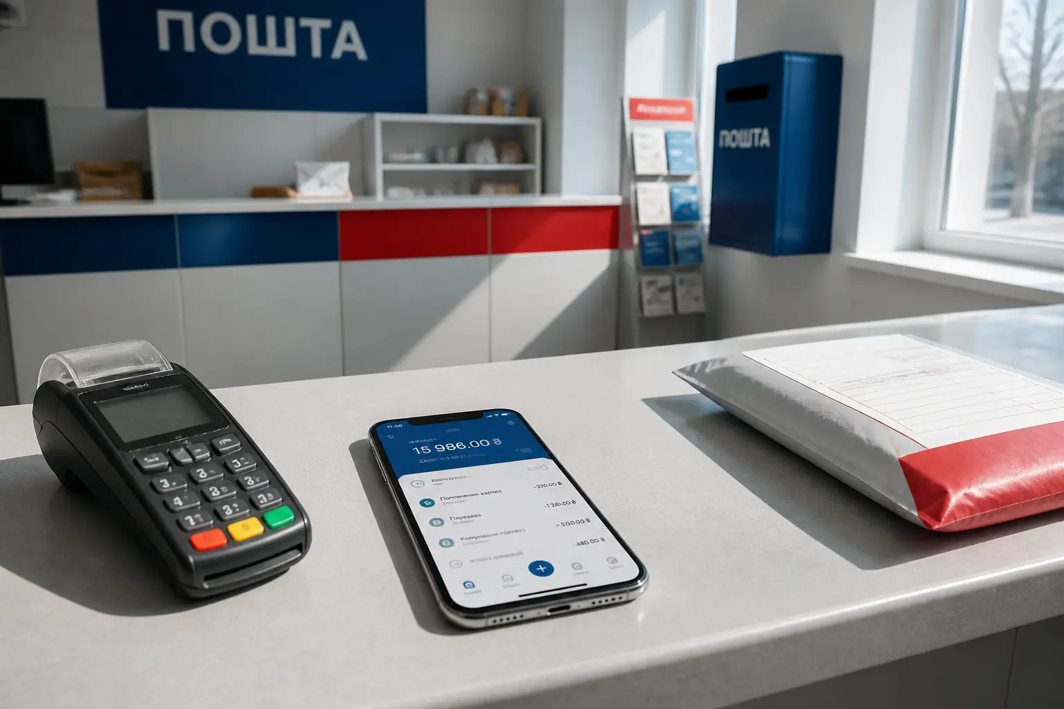 Сучасне відділення з платіжним терміналом та смартфоном із фінансовим застосунком