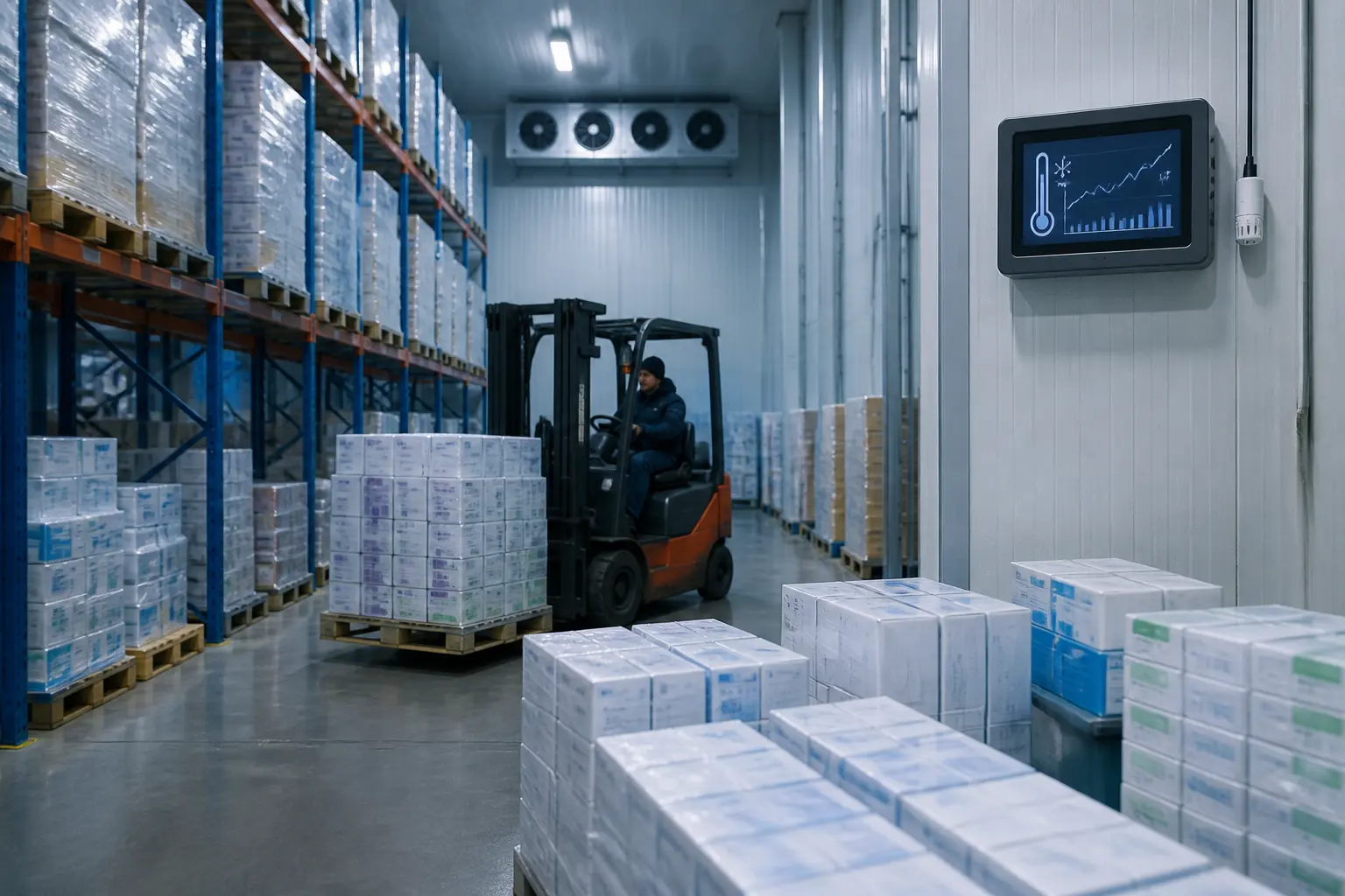 Холодовий склад фармацевтичної продукції з датчиками температури