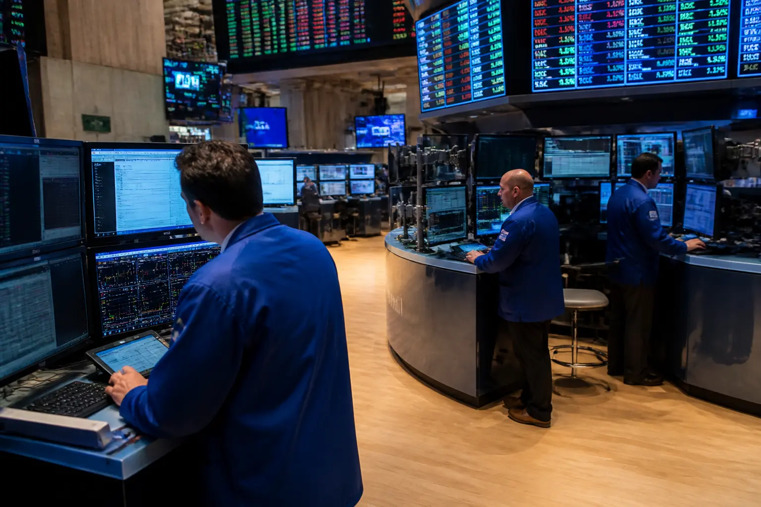 Сучасний торговий зал NYSE з трейдерами та електронними табло