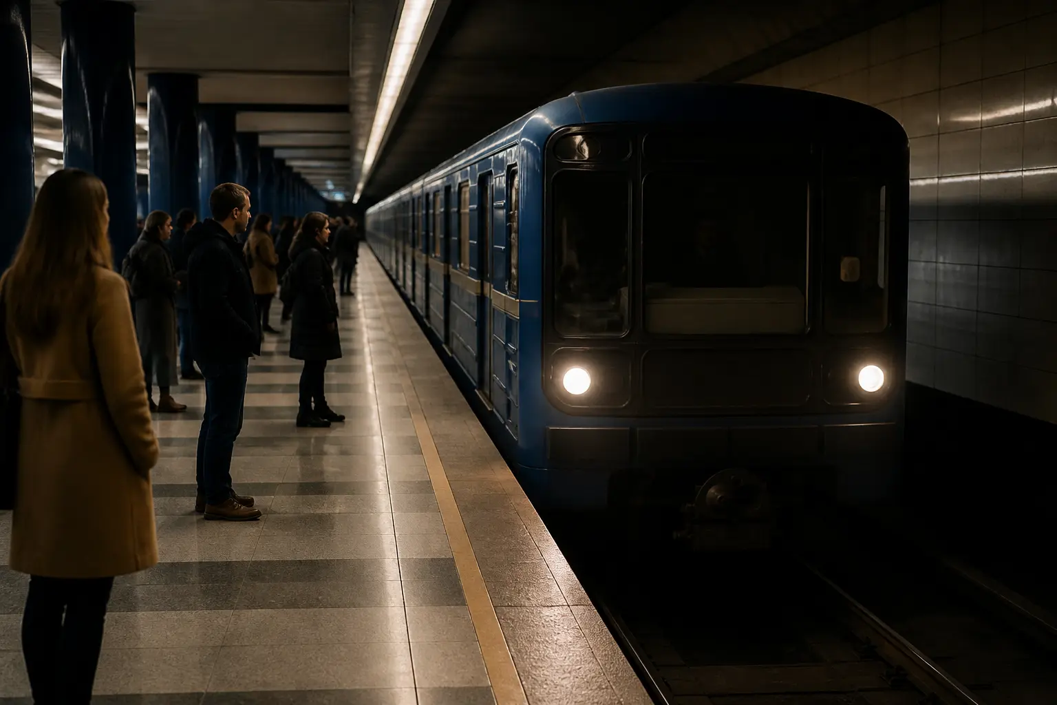 Поезд метро прибывает на станцию в Нью-Йорке