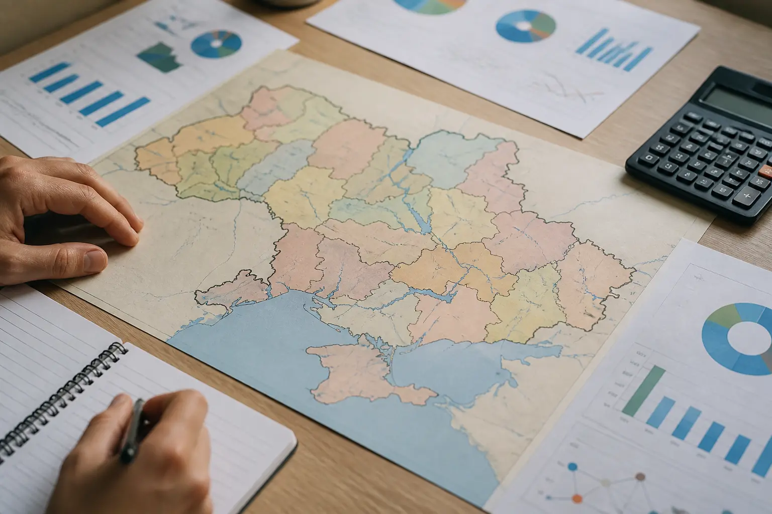 Карта України зі статистичними діаграмами на робочому столі