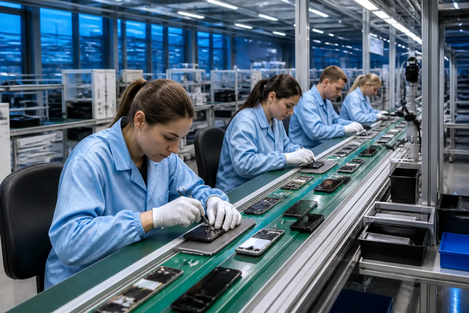 Робітники збирають смартфони на конвеєрі на заводі електроніки