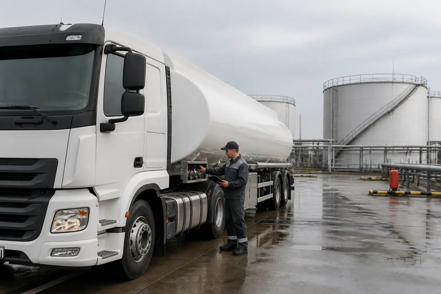 Бензовоз возле нефтебазы с резервуарами для хранения топлива