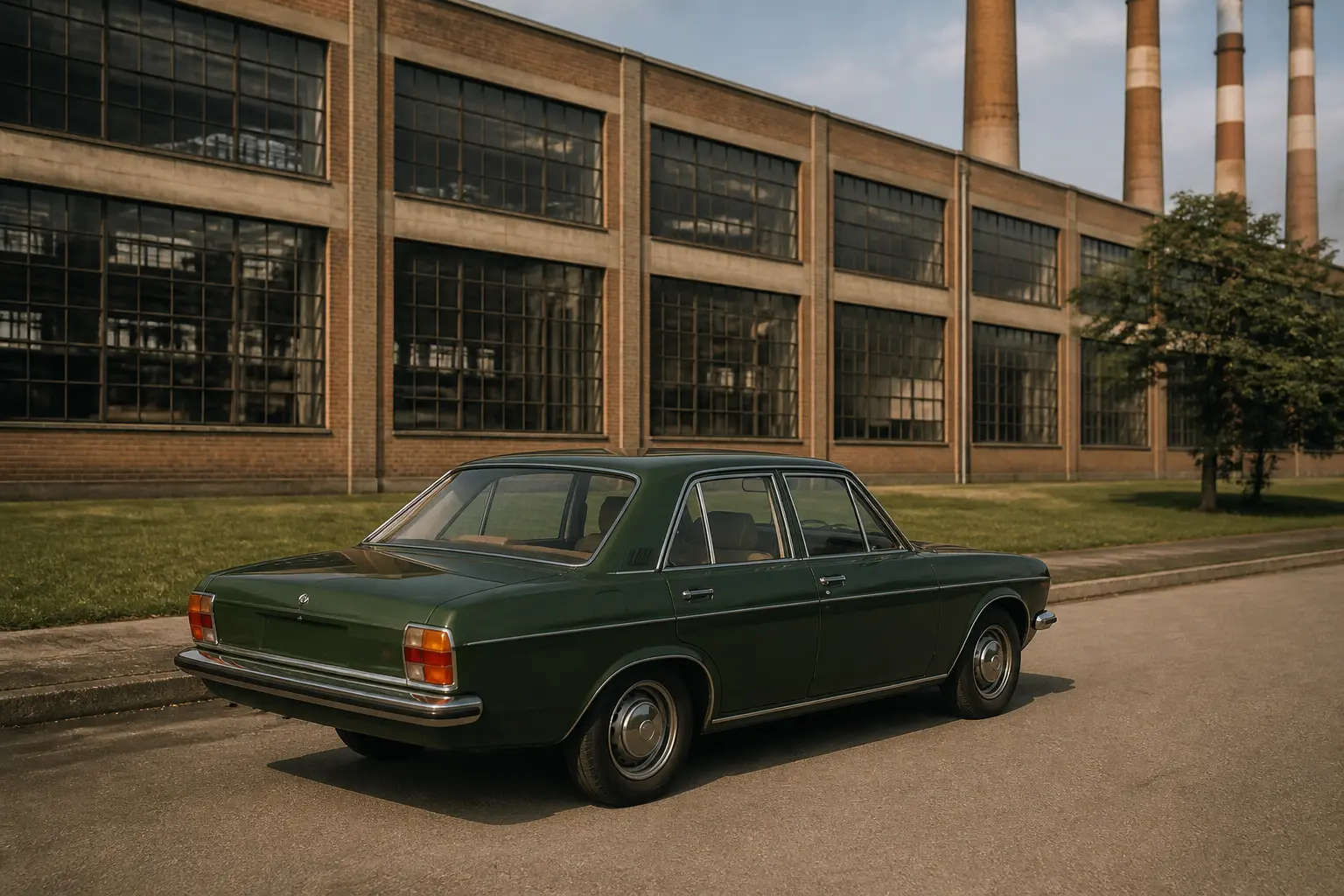 Класичний європейський седан 1970-х біля промислового заводу