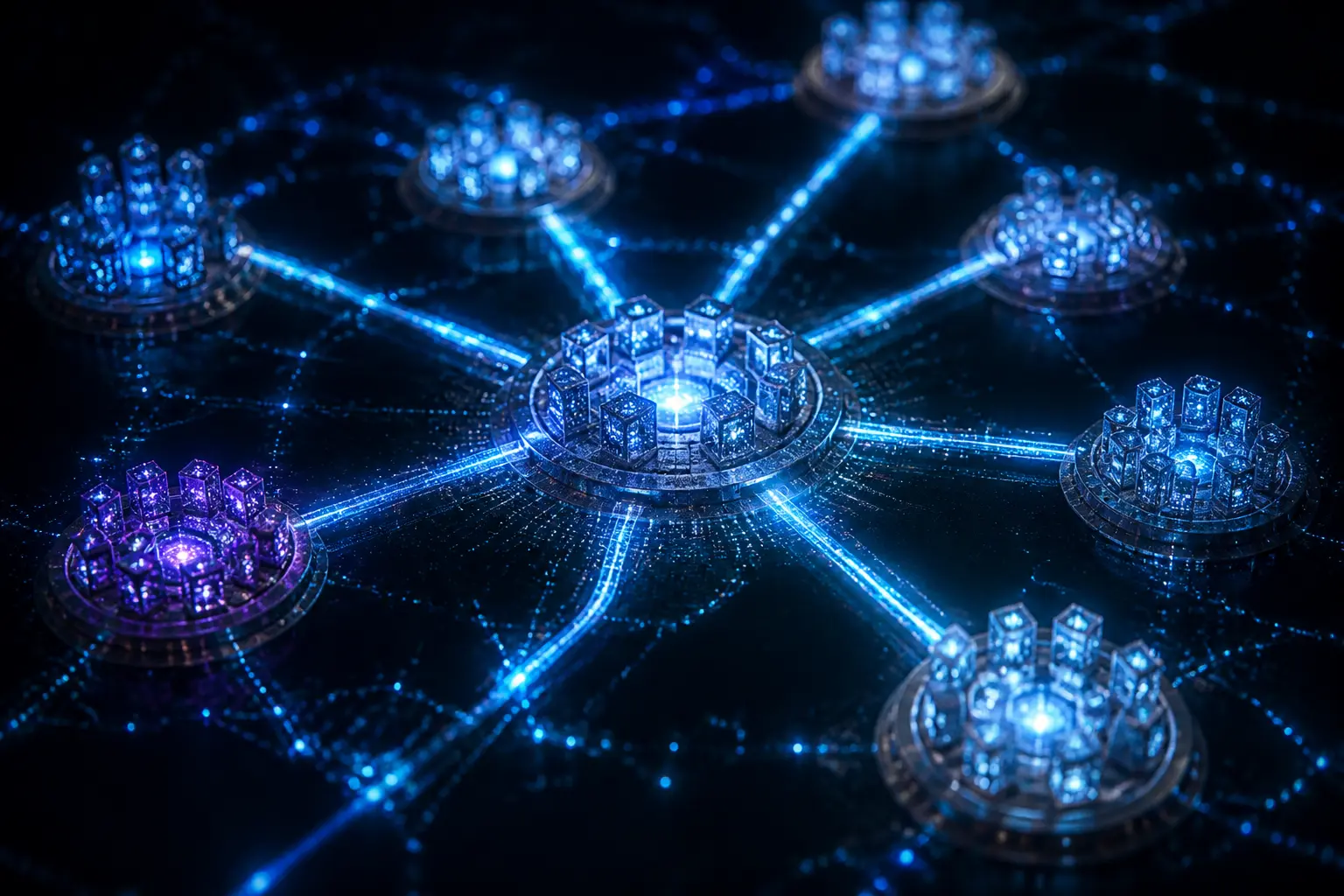 Несколько блокчейн-сетей, соединенных световыми мостами в единый superchain