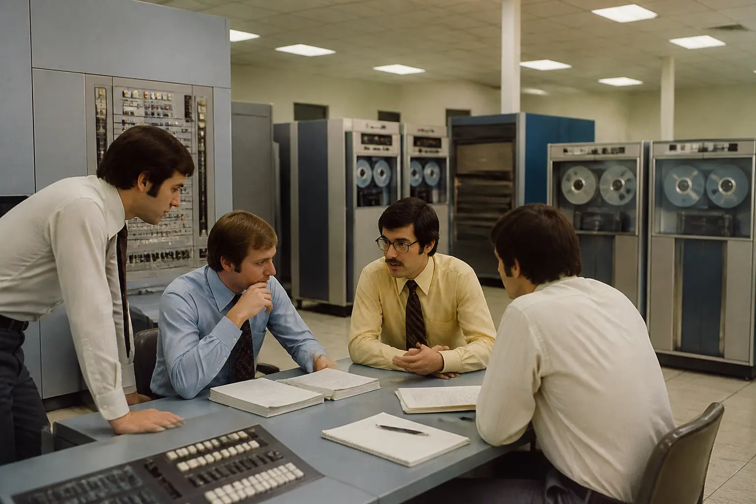 Офис 1970-х годов с мейнфреймом и инженерами за обсуждением