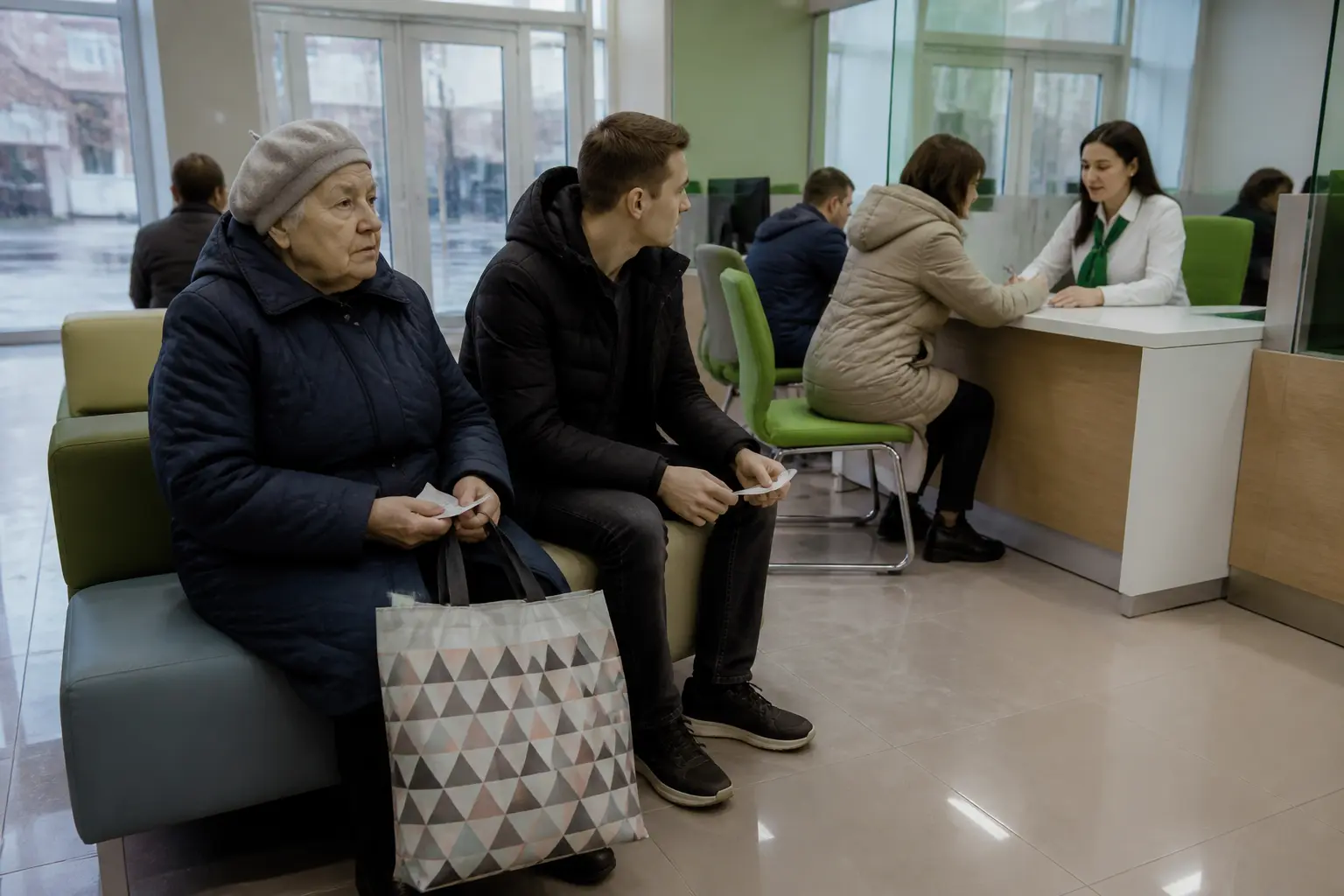 Клієнти в залі очікування сучасного банківського відділення