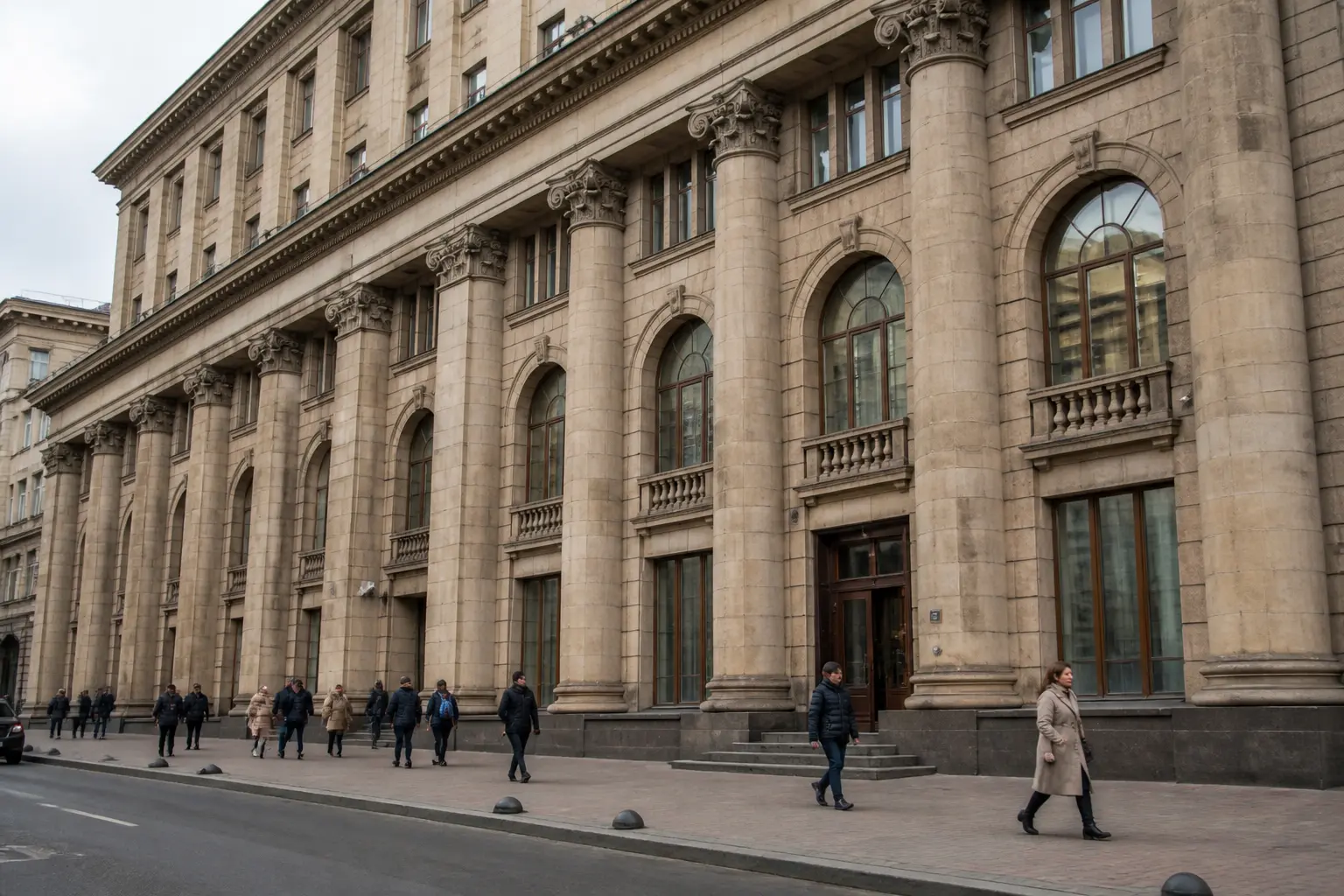 Фасад великої банківської будівлі в центрі українського міста