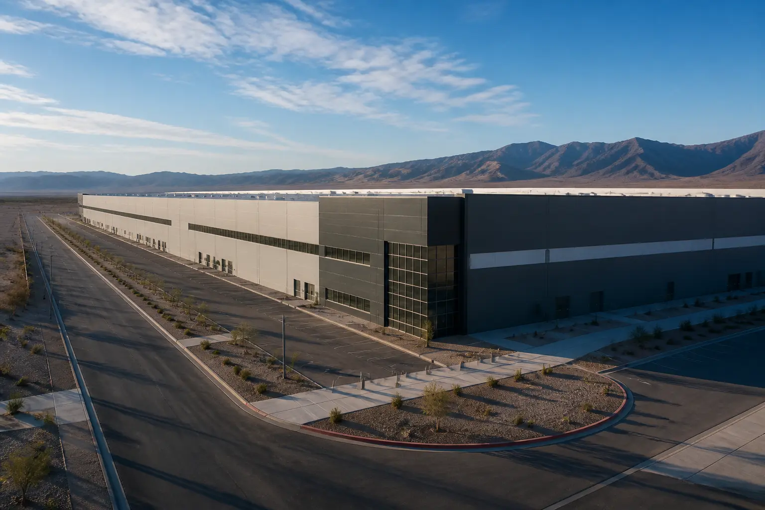 Экстерьер Gigafactory Nevada в пустынном ландшафте