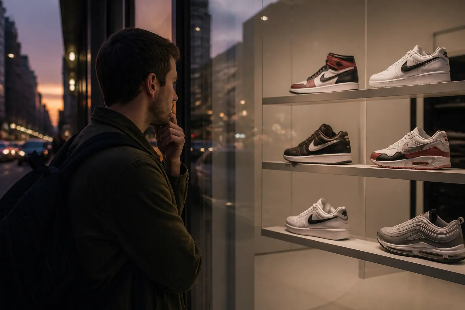 Підприємець розглядає культові моделі Nike у вітрині магазину