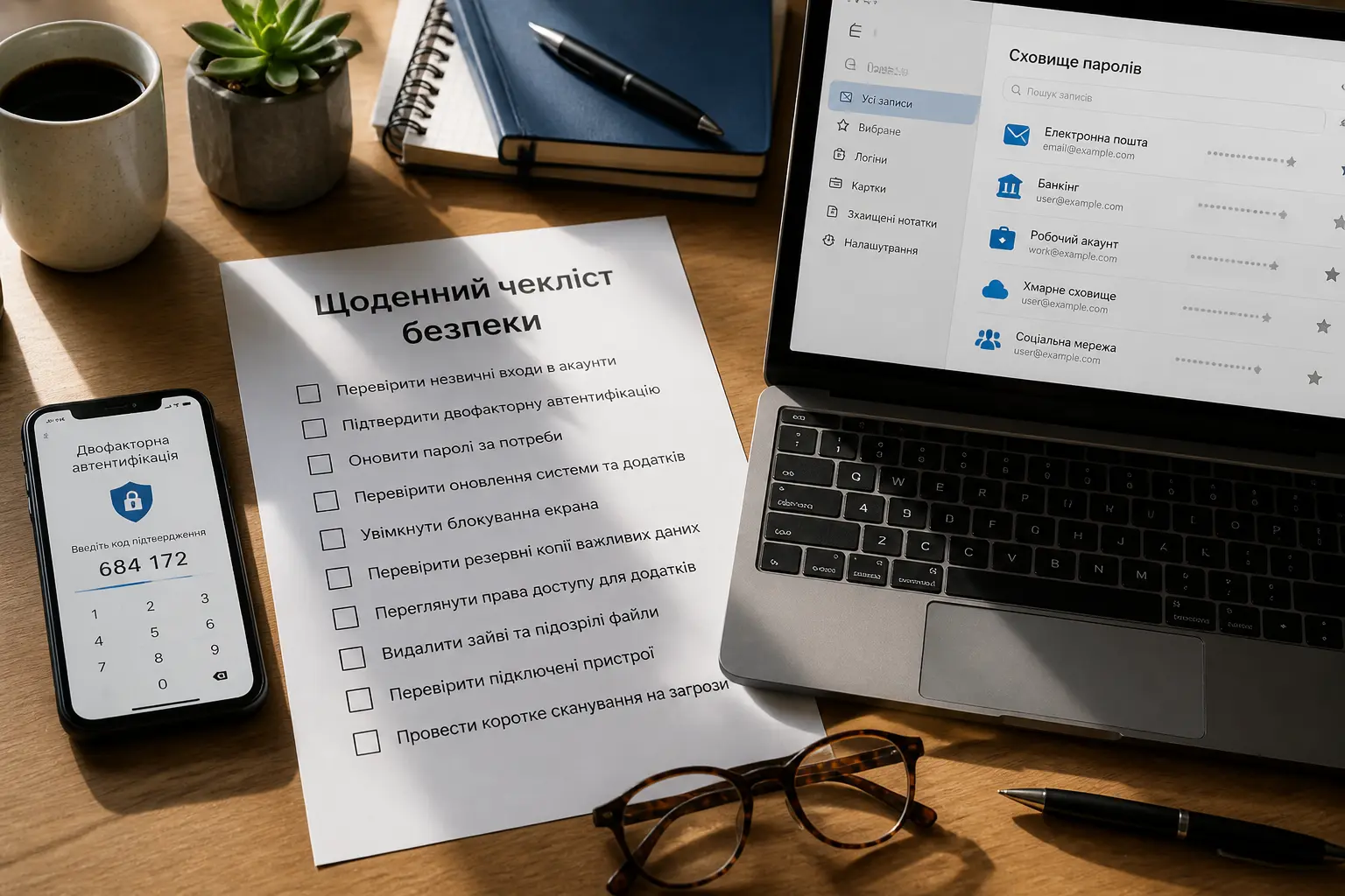 Робочий стіл із чеклістом кібербезпеки, смартфоном і ноутбуком