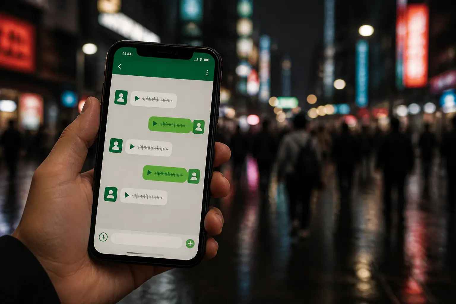 Смартфон із месенджером у руці на тлі вечірнього китайського міста