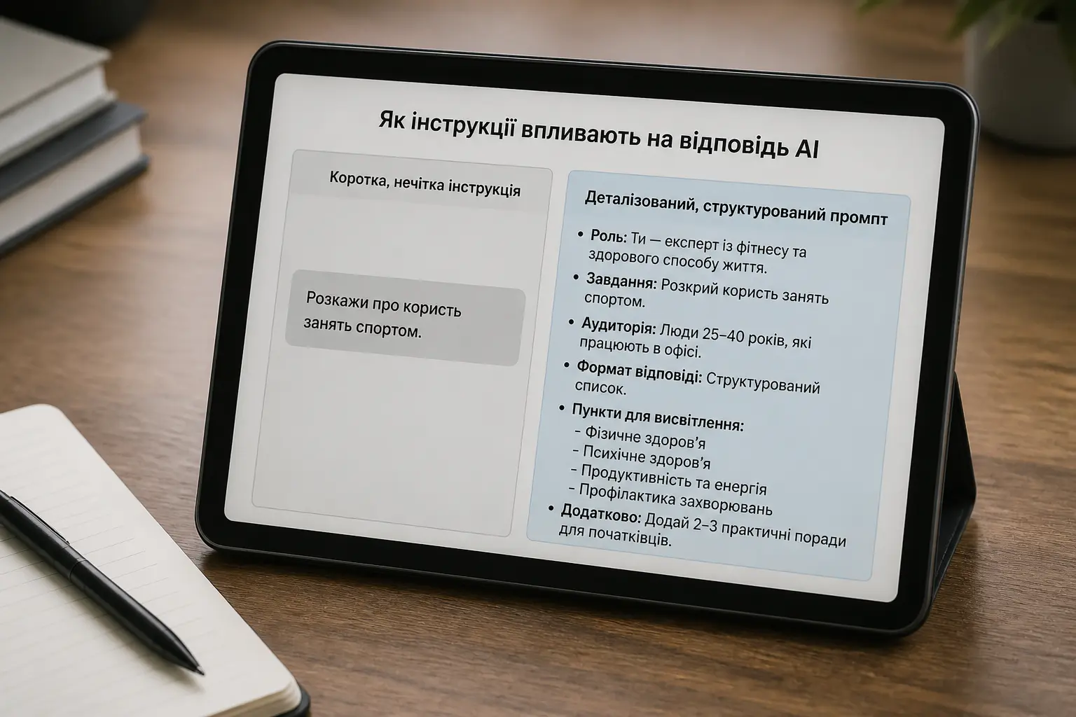 Планшет із двома варіантами інструкцій для ШІ: короткою та детальною