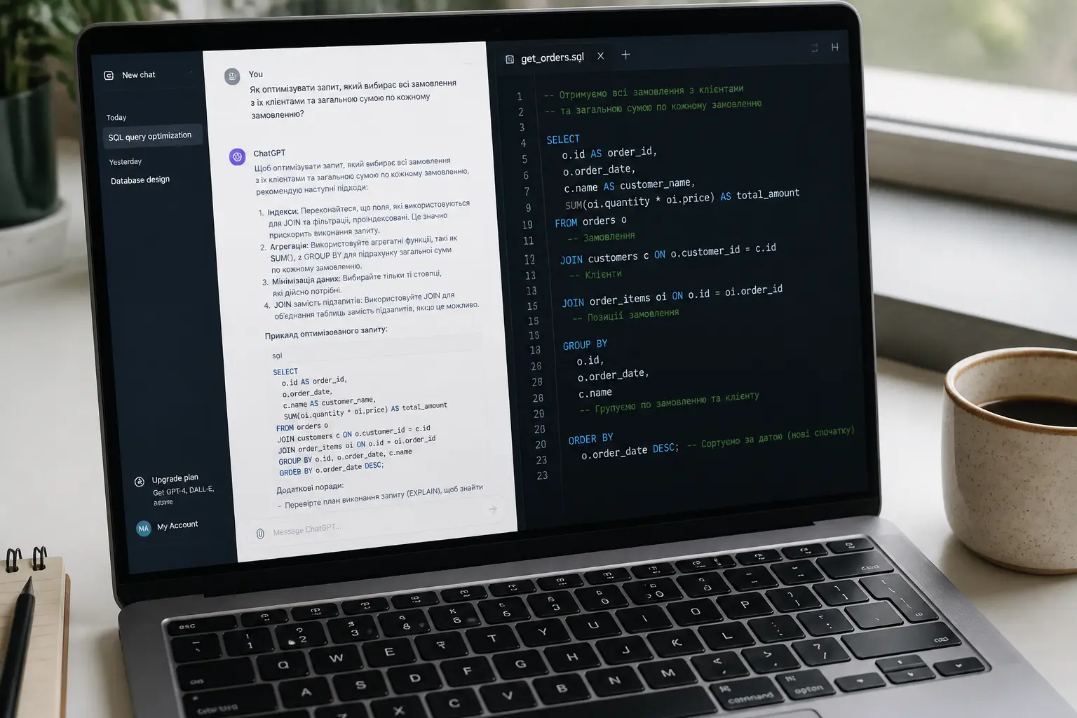 Екран ноутбука з прикладами промптів у чаті та згенерованим SQL-кодом