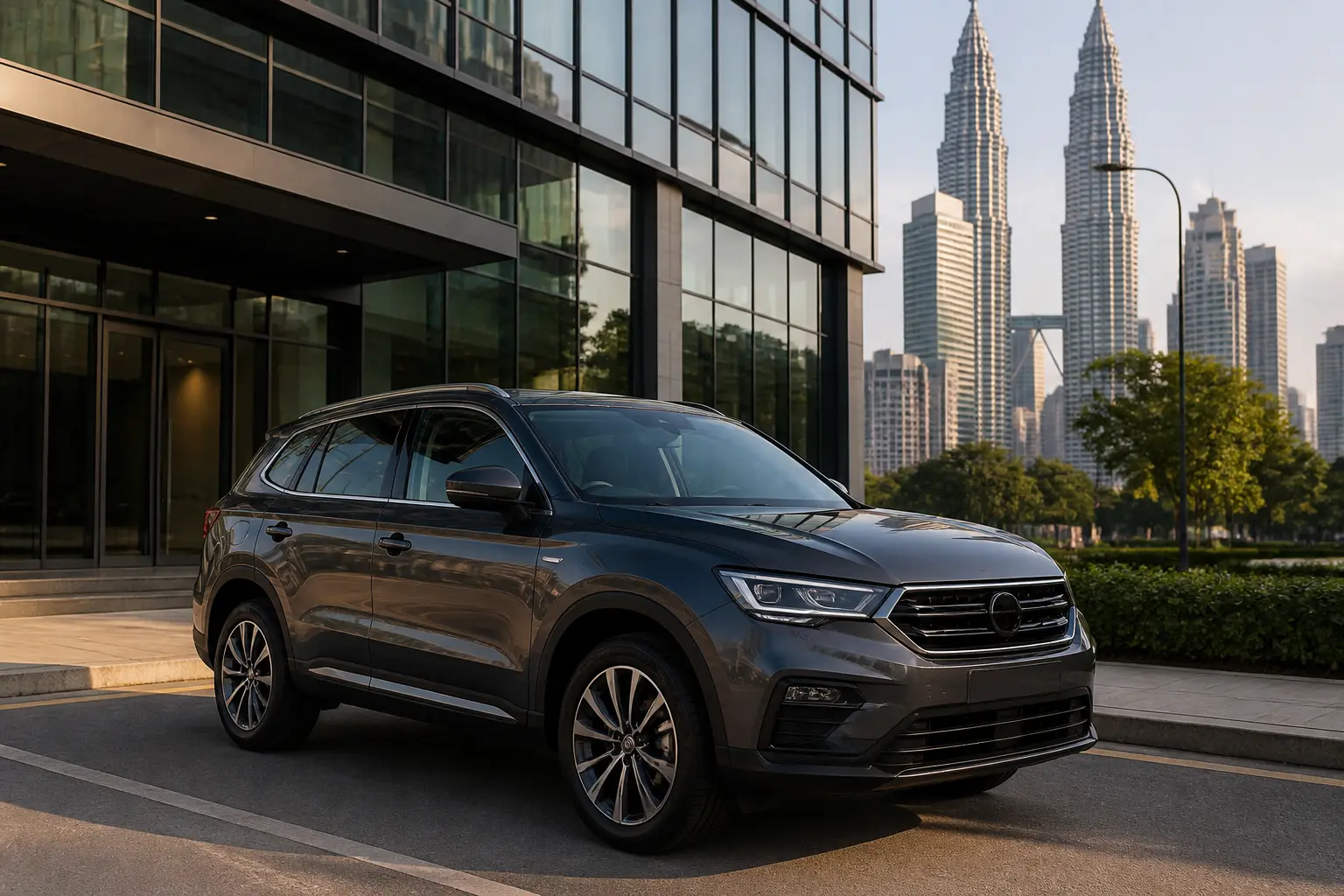 Proton X70 возле современного здания в Куала-Лумпуре