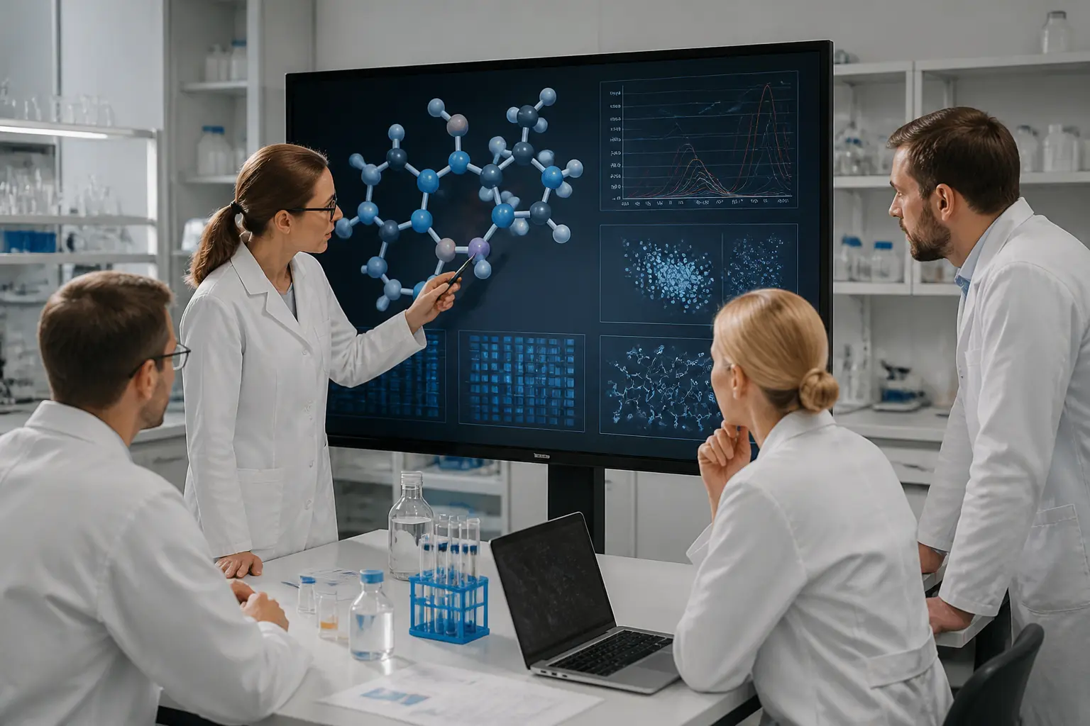 Дослідники обговорюють дані в сучасній лабораторії R&D
