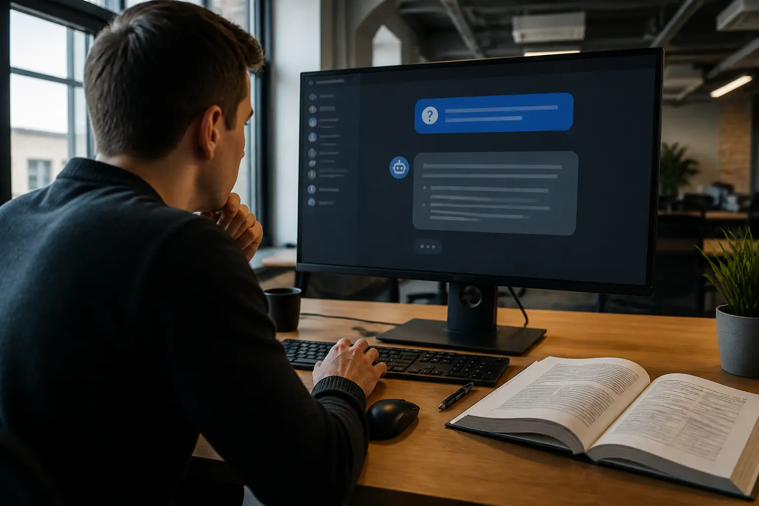 Користувач ставить запитання AI-помічнику поруч із відкритим довідником