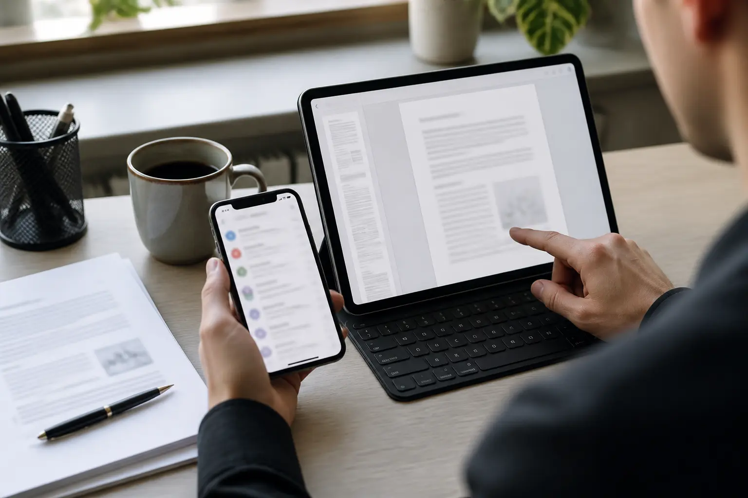 iPhone і iPad на столі з відкритою поштою та PDF-документом поруч із паперовими документами