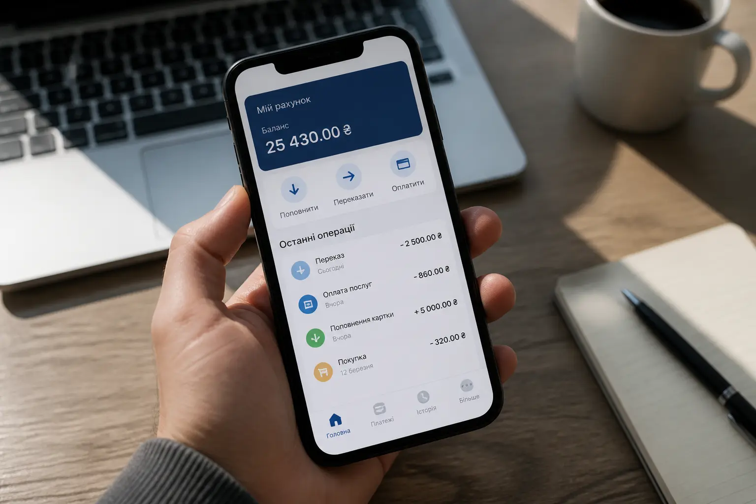 Смартфон с открытым мобильным банкингом на рабочем столе