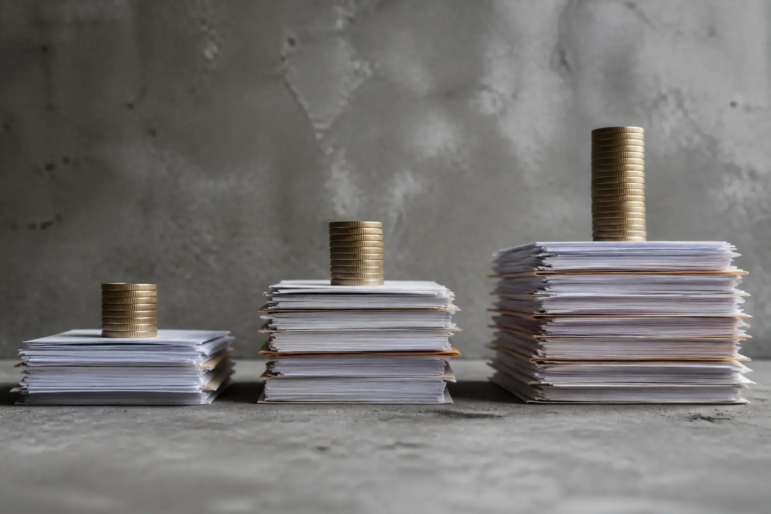 Три різні стоси документів і монет як символ показників revenue, sales і GMV