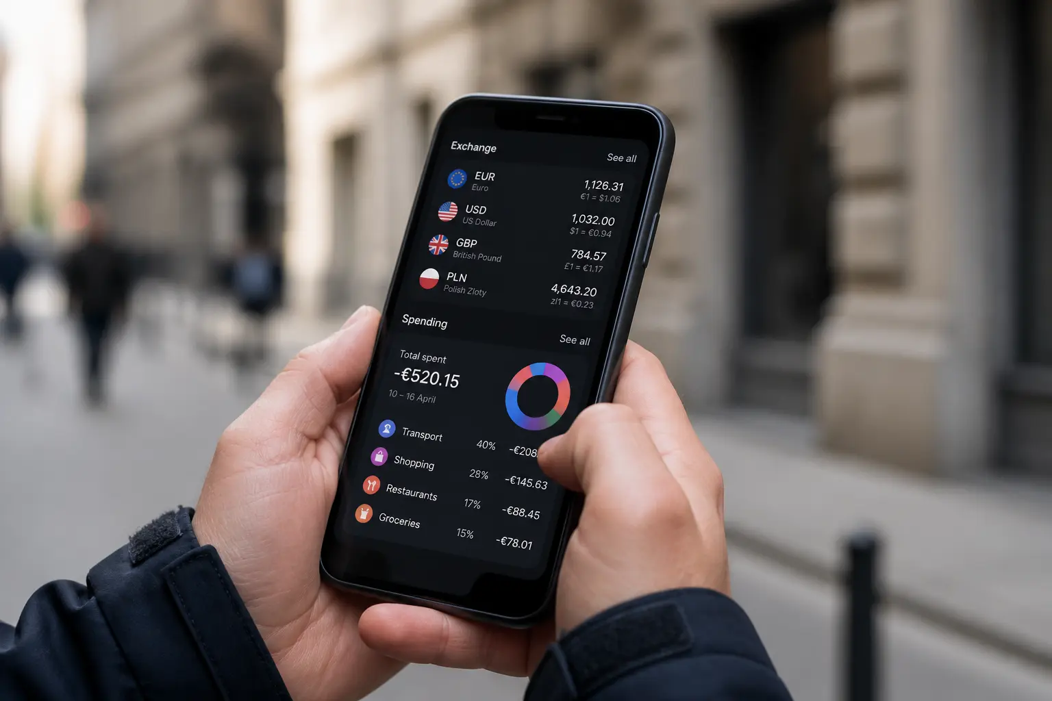Смартфон з фінансовим застосунком і курсами валют