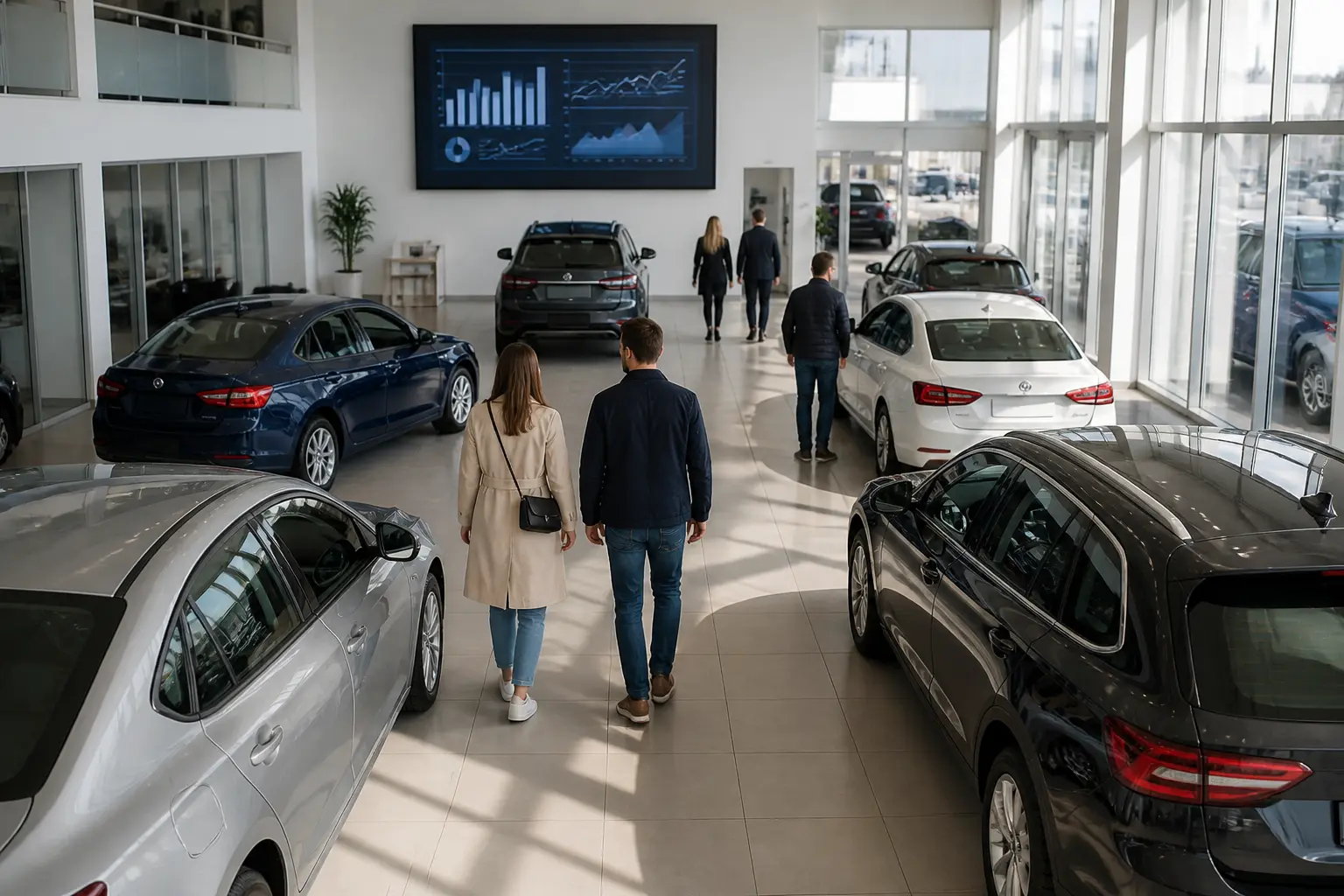 Автосалон с автомобилями и экраном с графиками продаж