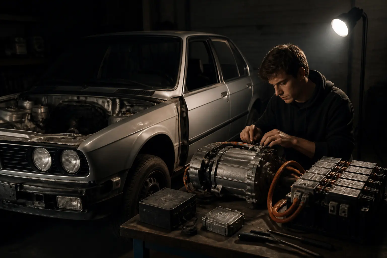 Молодий інженер переобладнає класичний BMW на електромобіль у гаражі