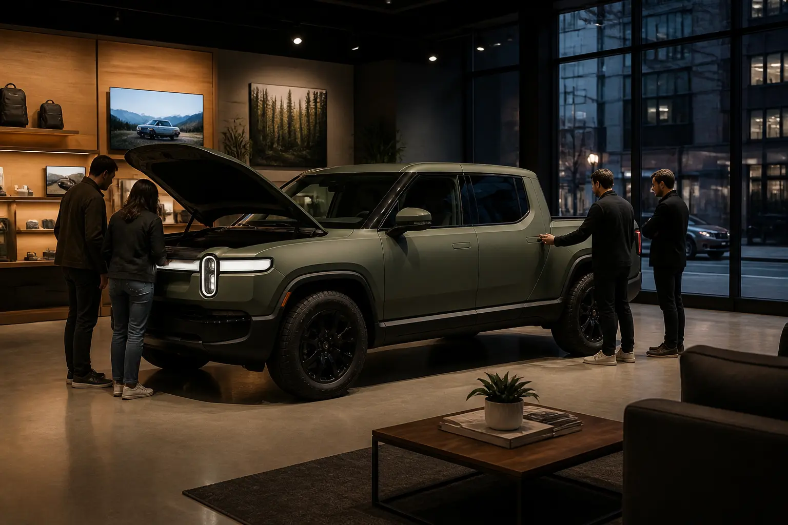 Шоурум Rivian с электропикапом R1T