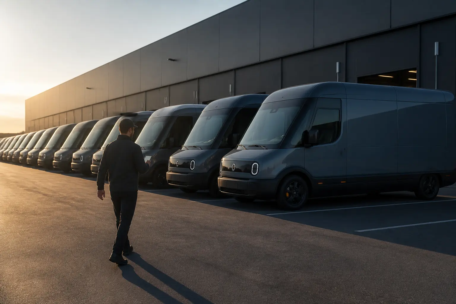 Электрические фургоны Rivian на распределительном центре