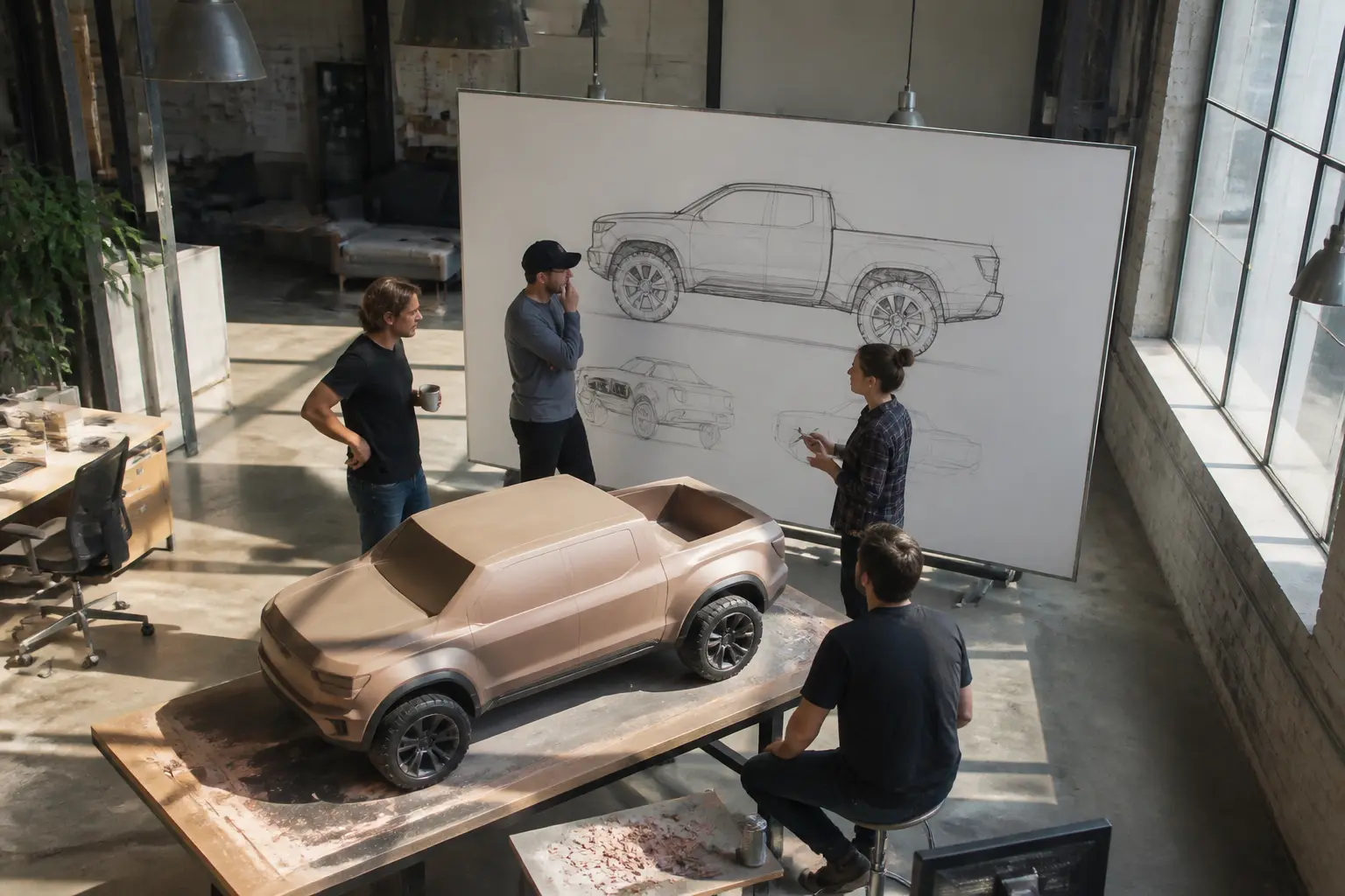Ранняя студия Rivian с эскизом электрического пикапа