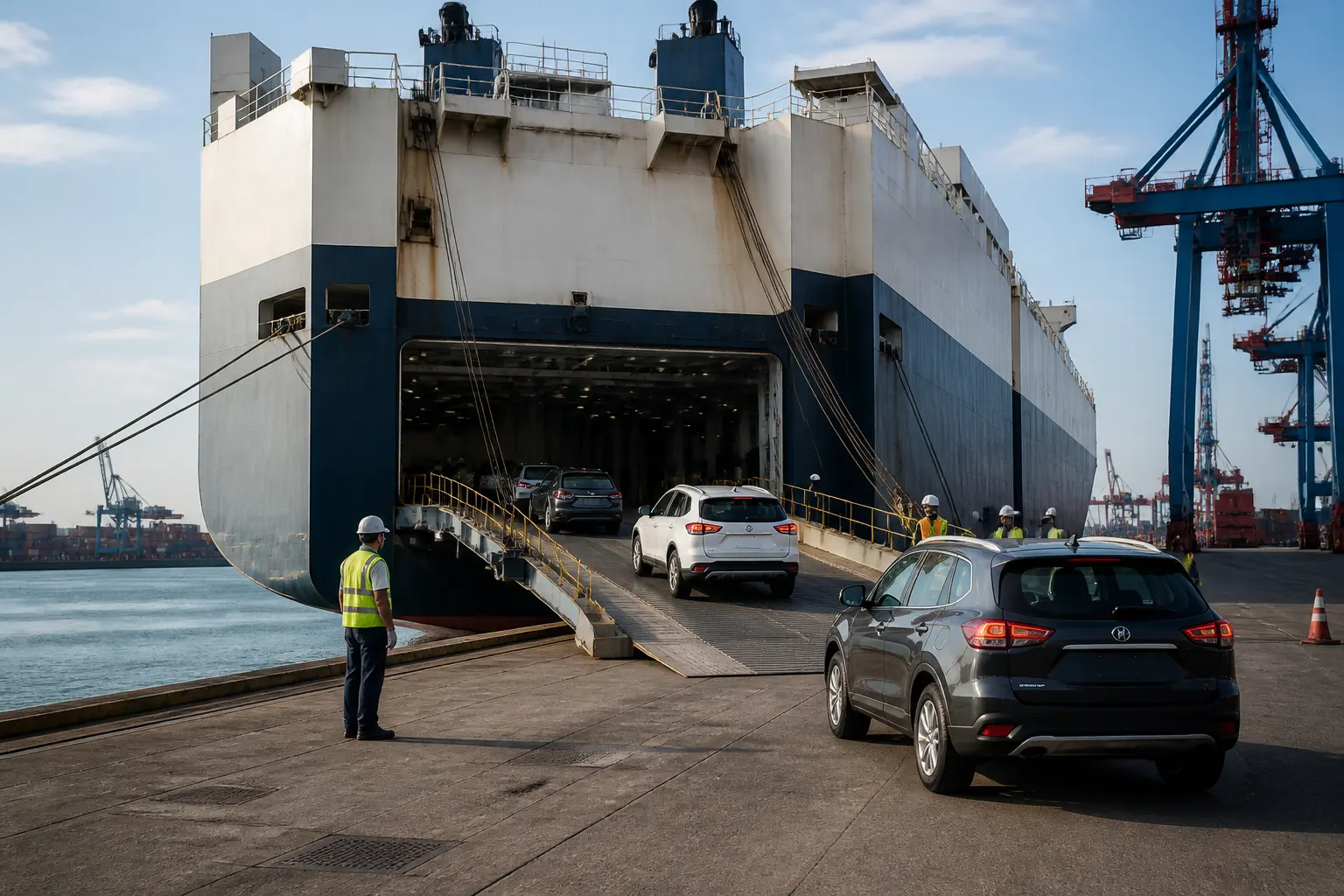 Судно ro-ro с опущенной аппарелью, на которое заезжают новые автомобили в порту
