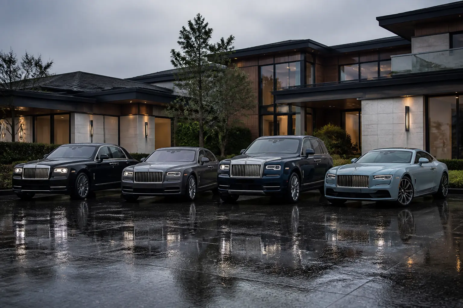 Лінійка моделей Rolls-Royce перед сучасною віллою
