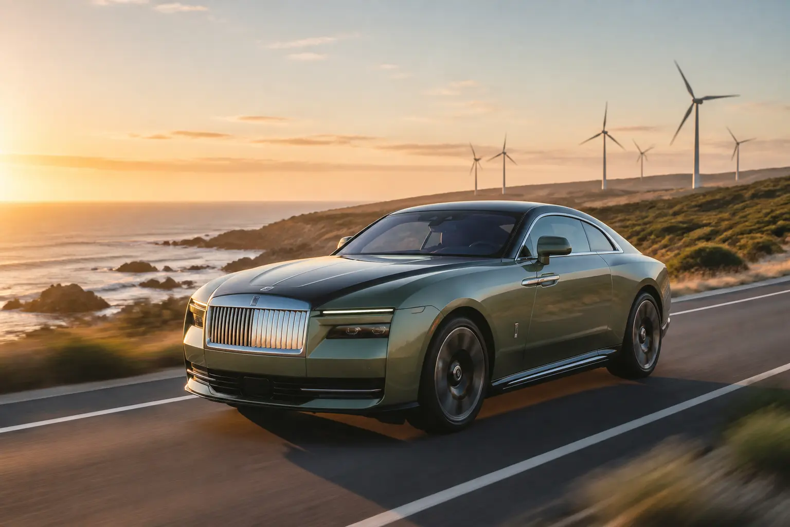 Електричний Rolls-Royce Spectre на узбережжі під час заходу сонця