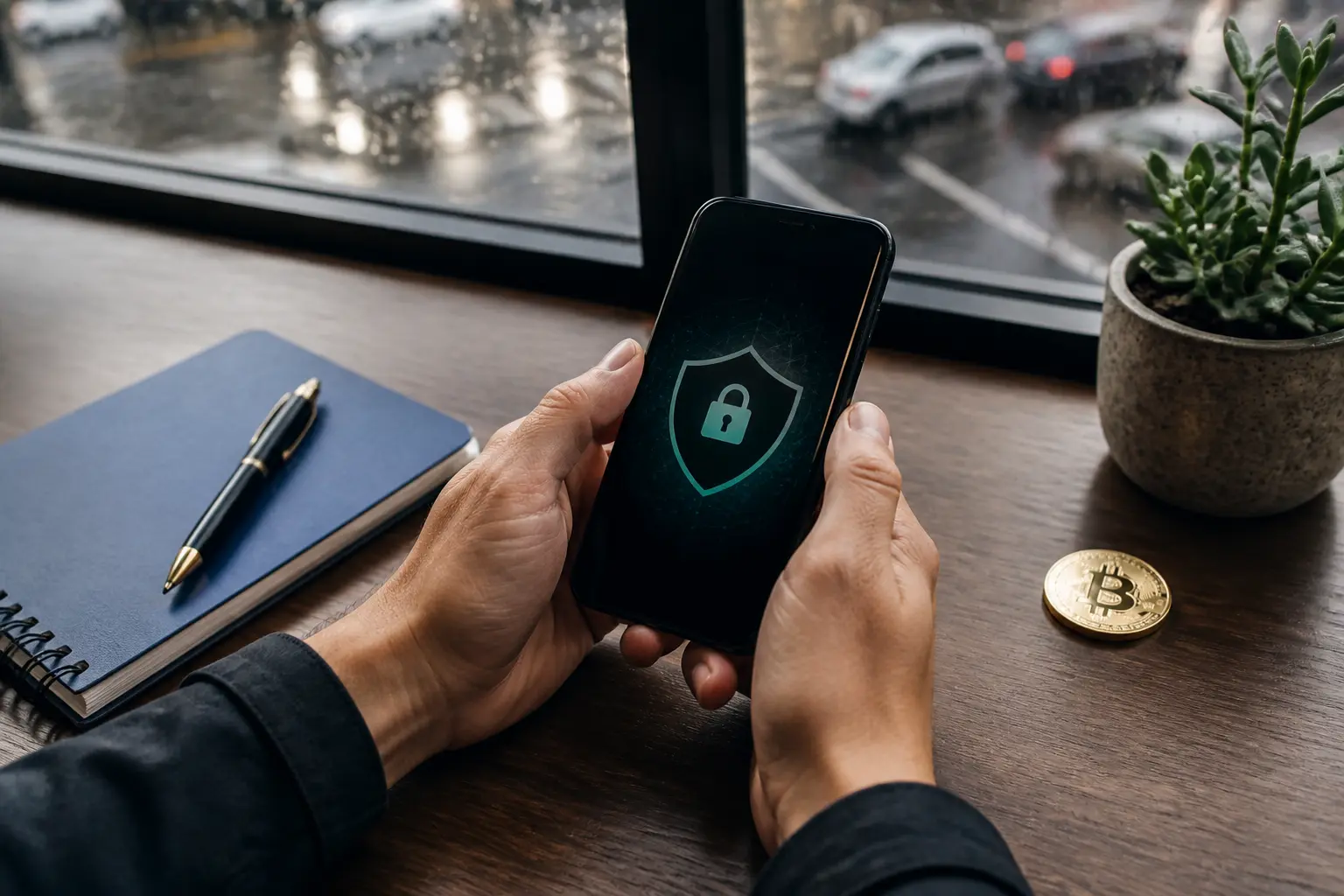 Руки зі смартфоном із символом захисту на екрані