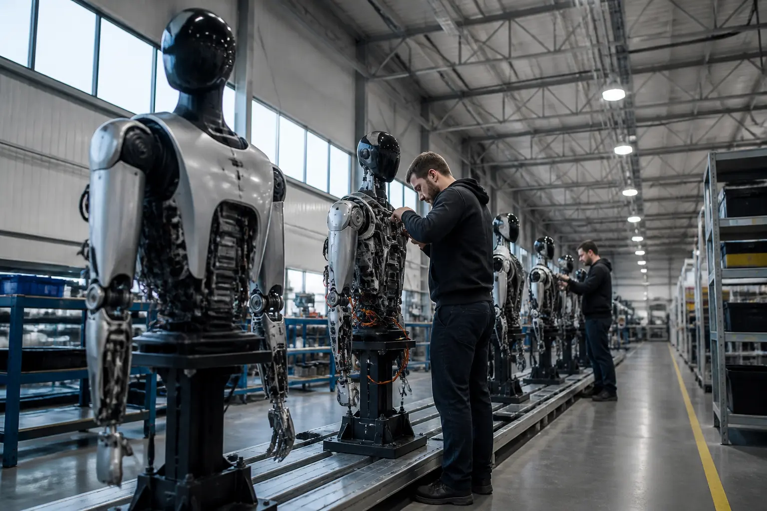 Сборочная линия гуманоидных роботов на производстве