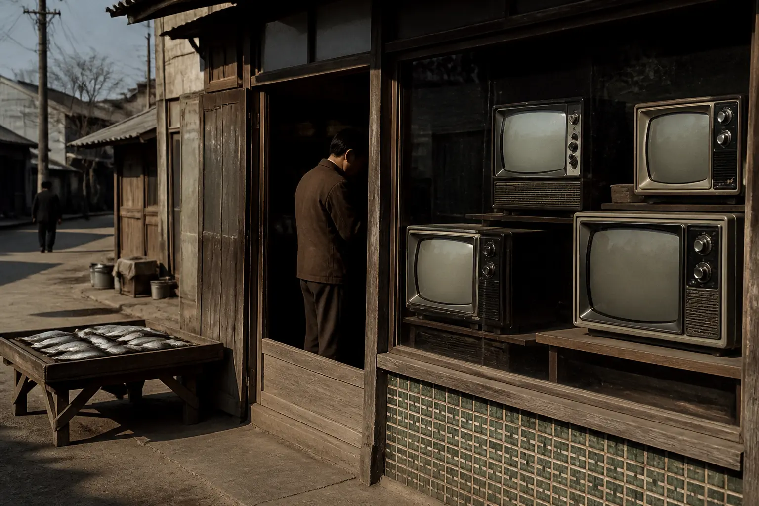 Старая корейская лавка и чёрно-белые телевизоры 1960-х годов