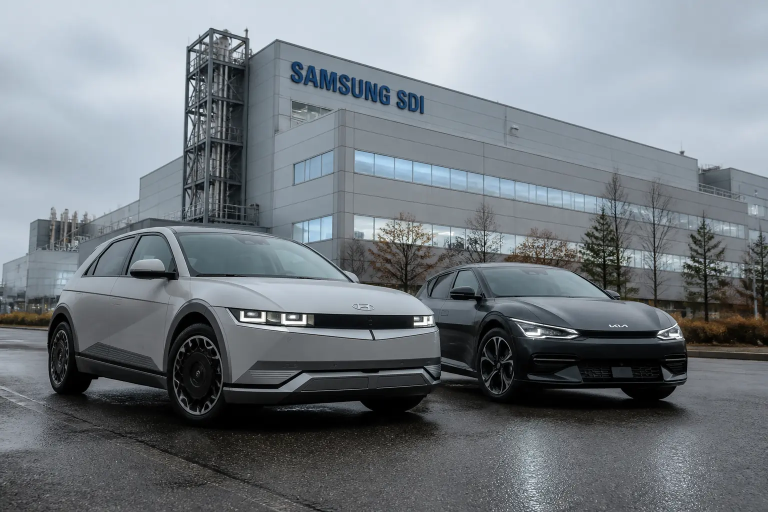 Hyundai Ioniq 5 та Kia EV6 на тлі заводу Samsung SDI у Південній Кореї