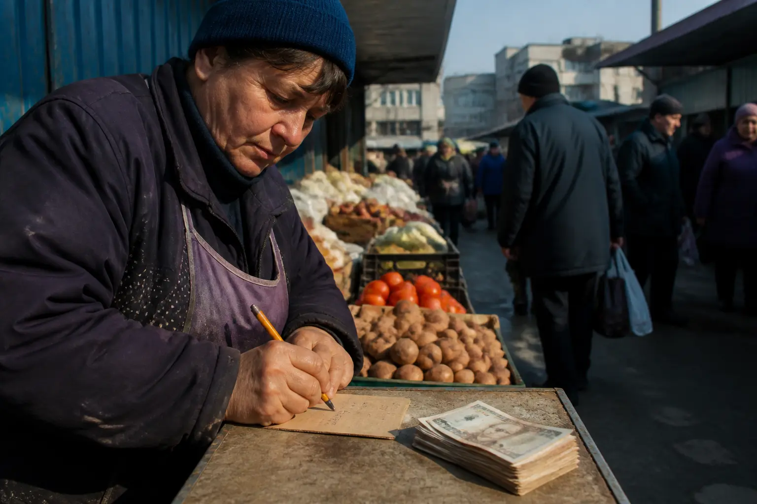 Продавець на ринку переписує цінник поруч із пачкою банкнот