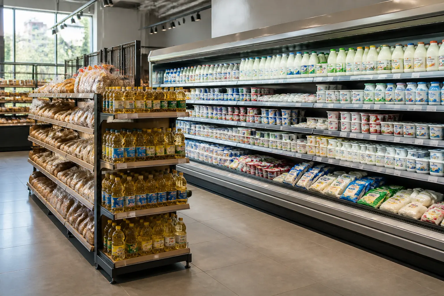 Полиці супермаркету з українськими молочними продуктами, хлібом та олією