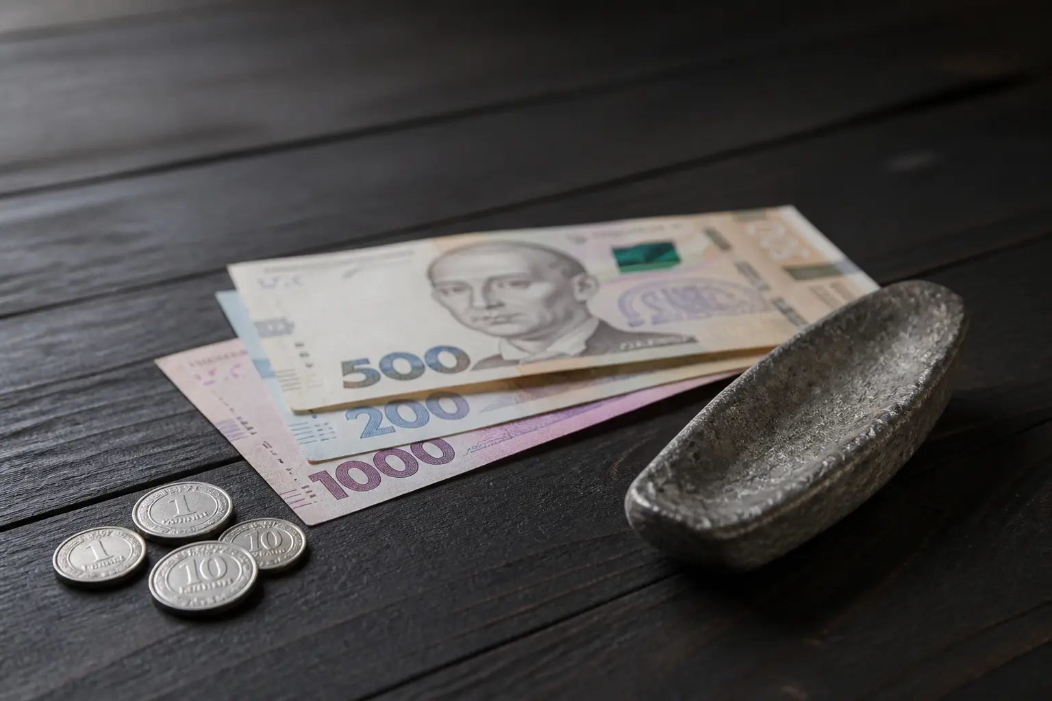 Сучасні банкноти гривні та копійки поруч із давнім срібним зливком